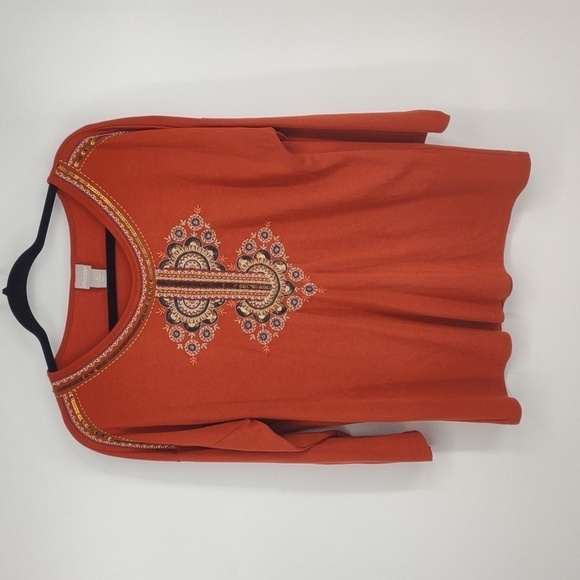 Chico's 2R Embroidered Burnt Orange Rust Boho 3/4 Sleeve T Shirt Sequins Large - Picture 3 of 10